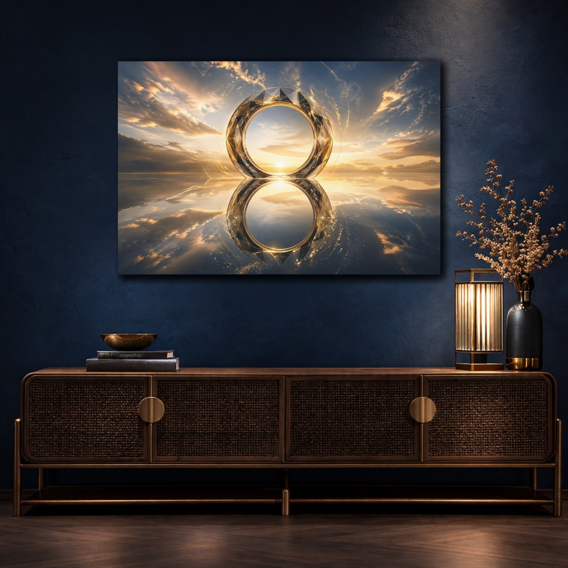 Mockup 4. Nature Geometric Ring Gold And Blue Sunset shown as stretched canvas wall art