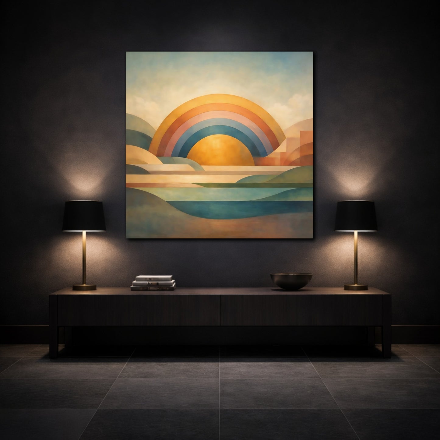 Mockup 3. Nature Geometric Sunrise Geometric Sunrise Art shown as stretched canvas wall art