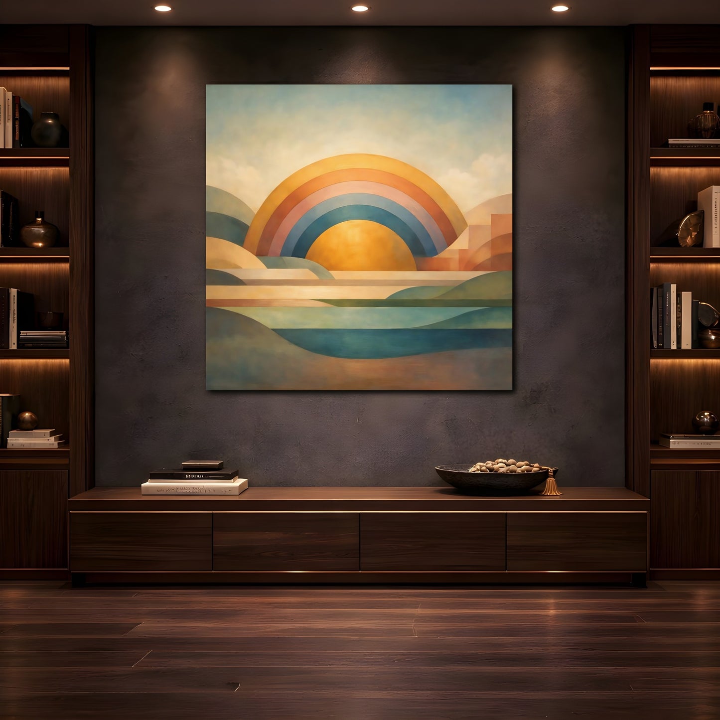Mockup 4. Nature Geometric Sunrise Geometric Sunrise Art shown as stretched canvas wall art