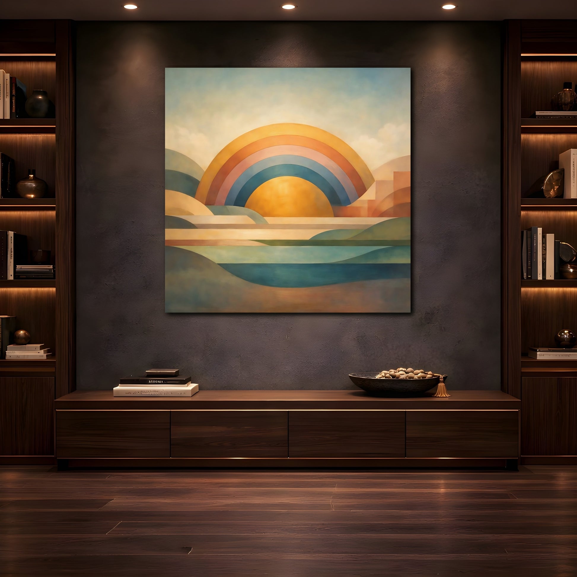 Mockup 4. Nature Geometric Sunrise Geometric Sunrise Art shown as stretched canvas wall art