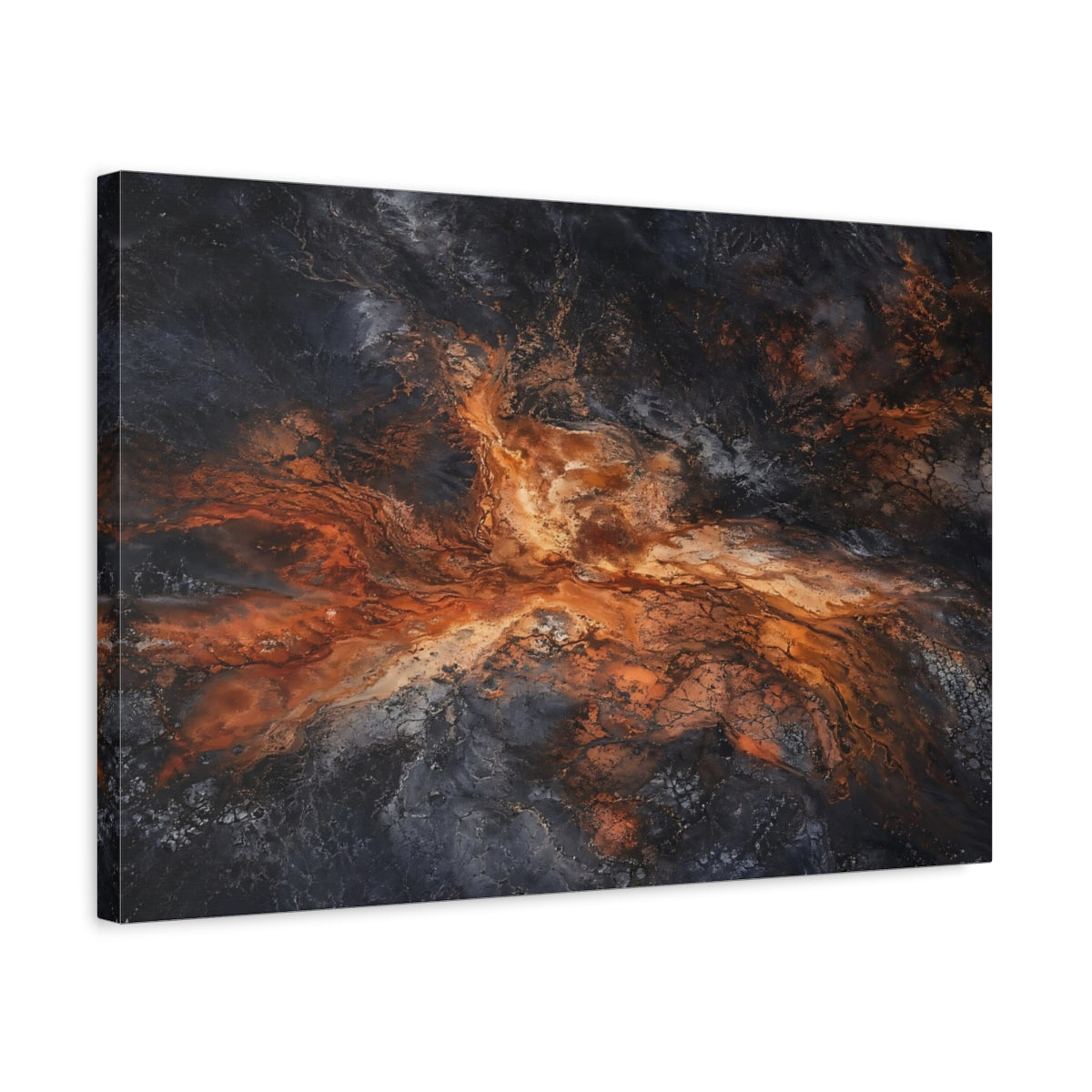 Side Mockup 3. Nature Geothermal Patterns Orange And Black shown as stretched canvas wall art