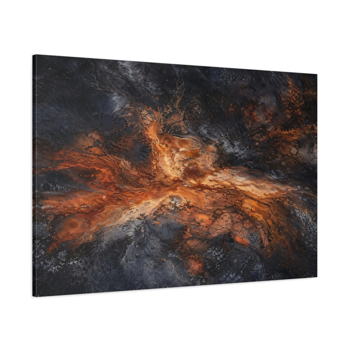 Side Mockup 1. Nature Geothermal Patterns Orange And Black shown as stretched canvas wall art