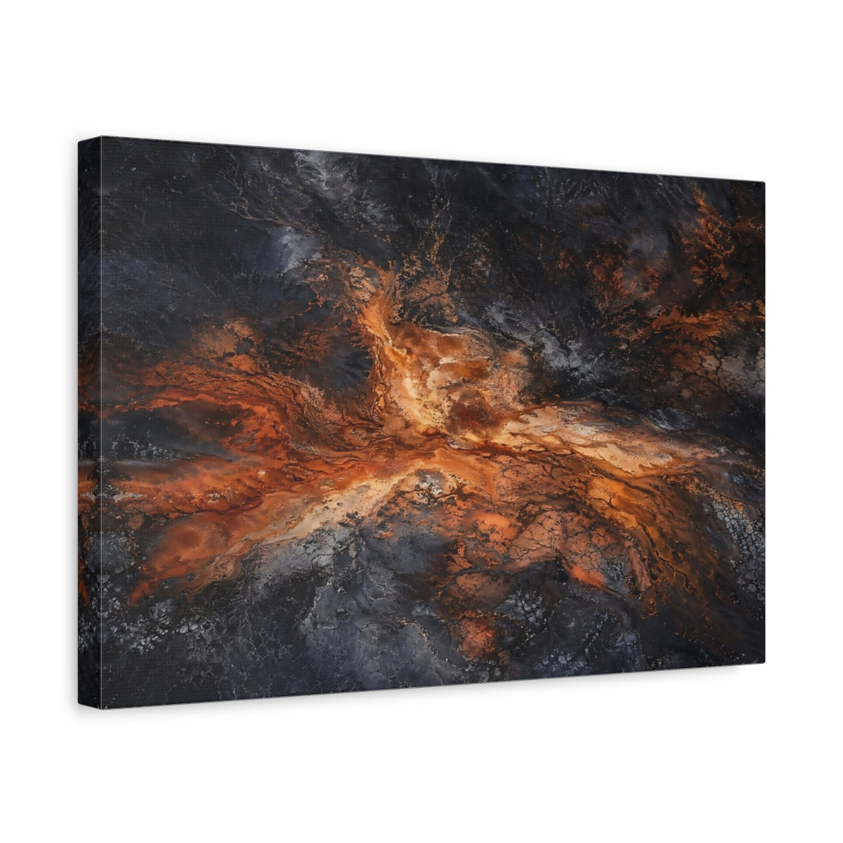 Side Mockup 4. Nature Geothermal Patterns Orange And Black shown as stretched canvas wall art