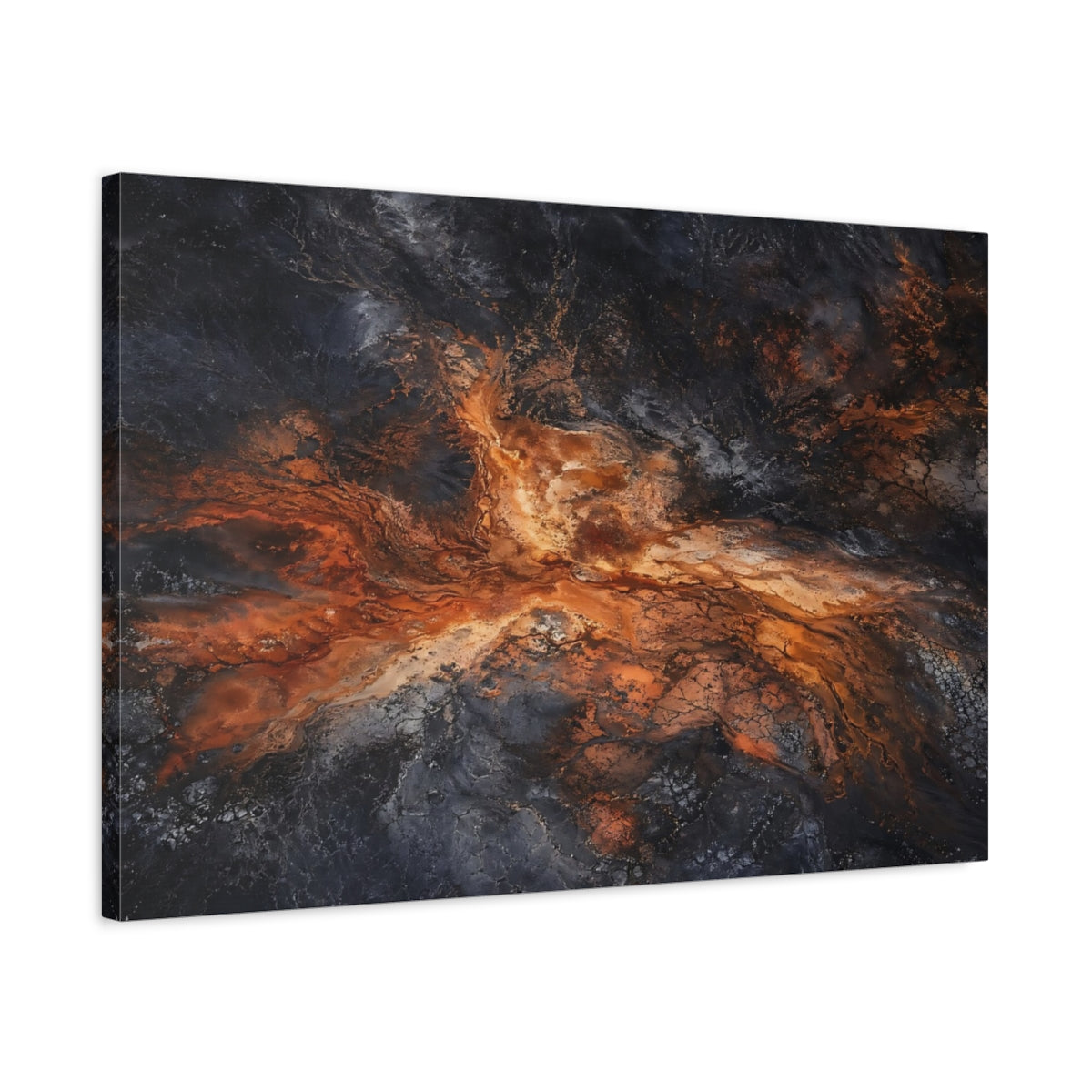 Side Mockup 2. Nature Geothermal Patterns Orange And Black shown as stretched canvas wall art