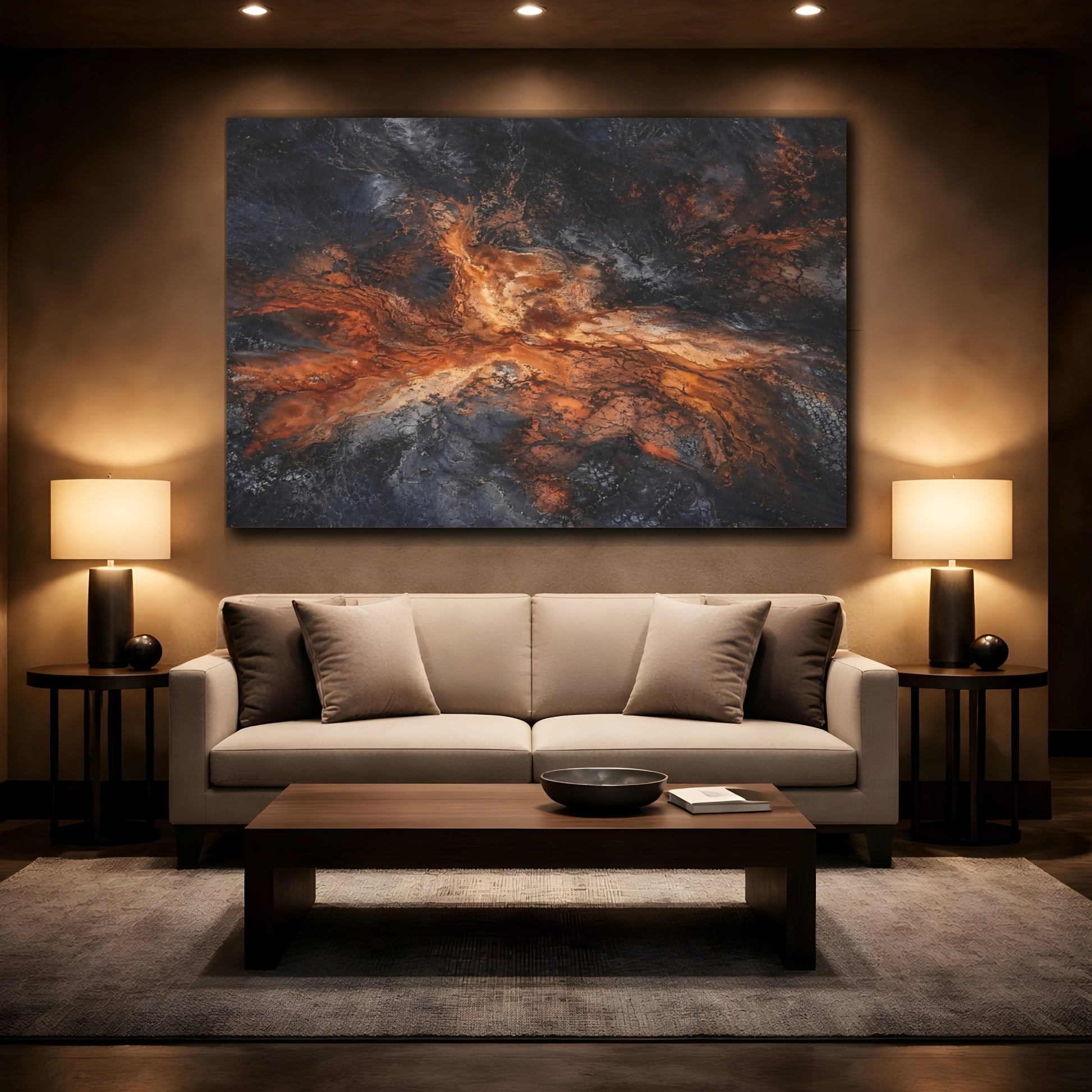 Mockup 2. Nature Geothermal Patterns Orange And Black shown as stretched canvas wall art
