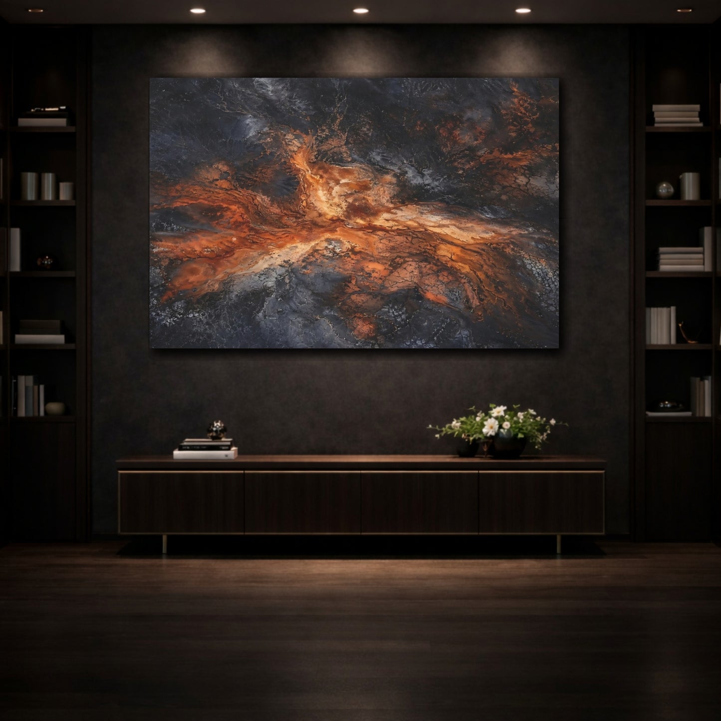 Mockup 3. Nature Geothermal Patterns Orange And Black shown as stretched canvas wall art