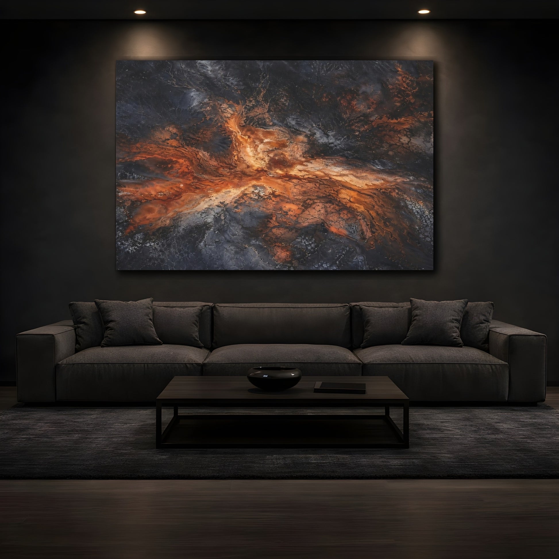 Mockup 4. Nature Geothermal Patterns Orange And Black shown as stretched canvas wall art