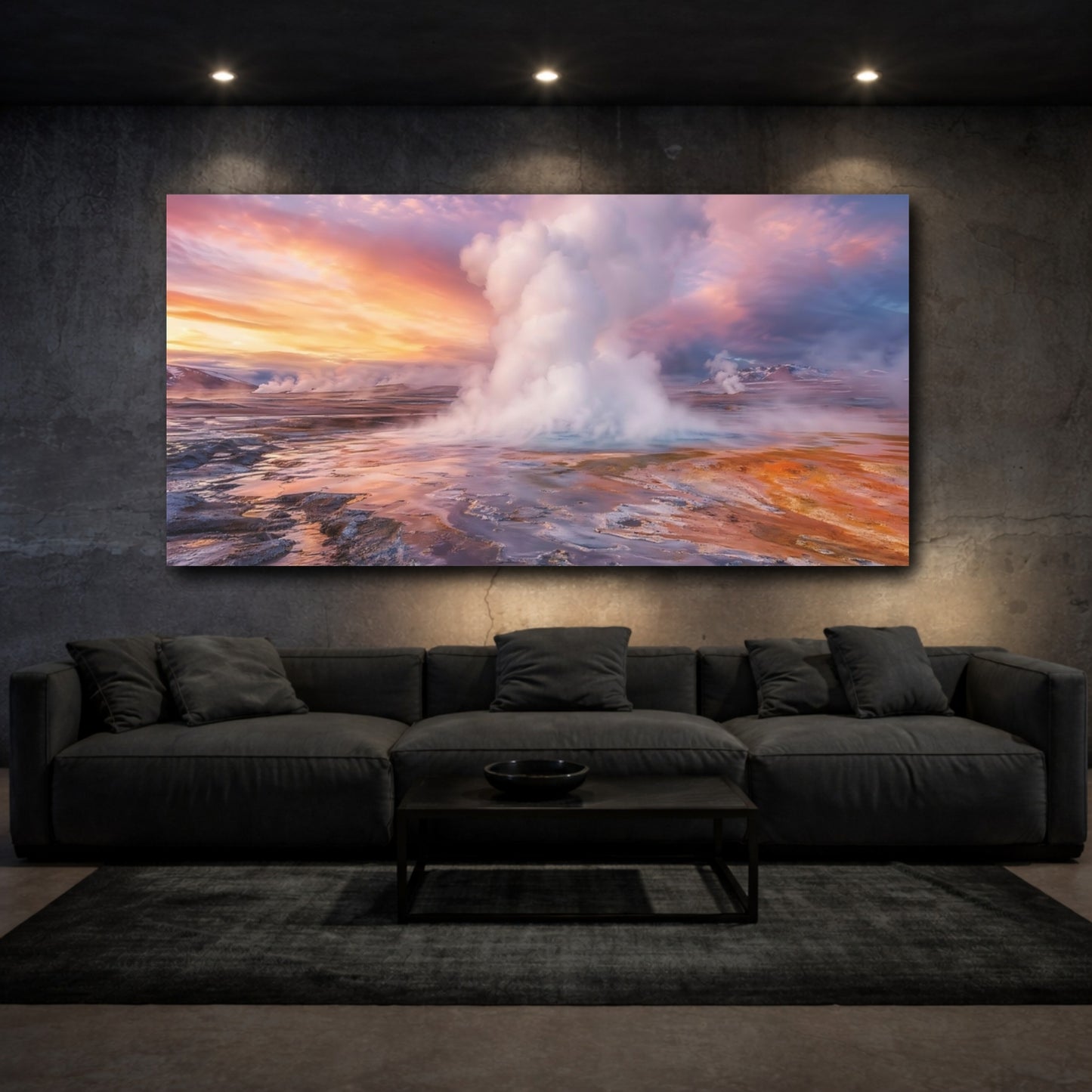 Mockup 2. Nature Geothermal Vent Orange Purple Geothermal shown as stretched canvas wall art