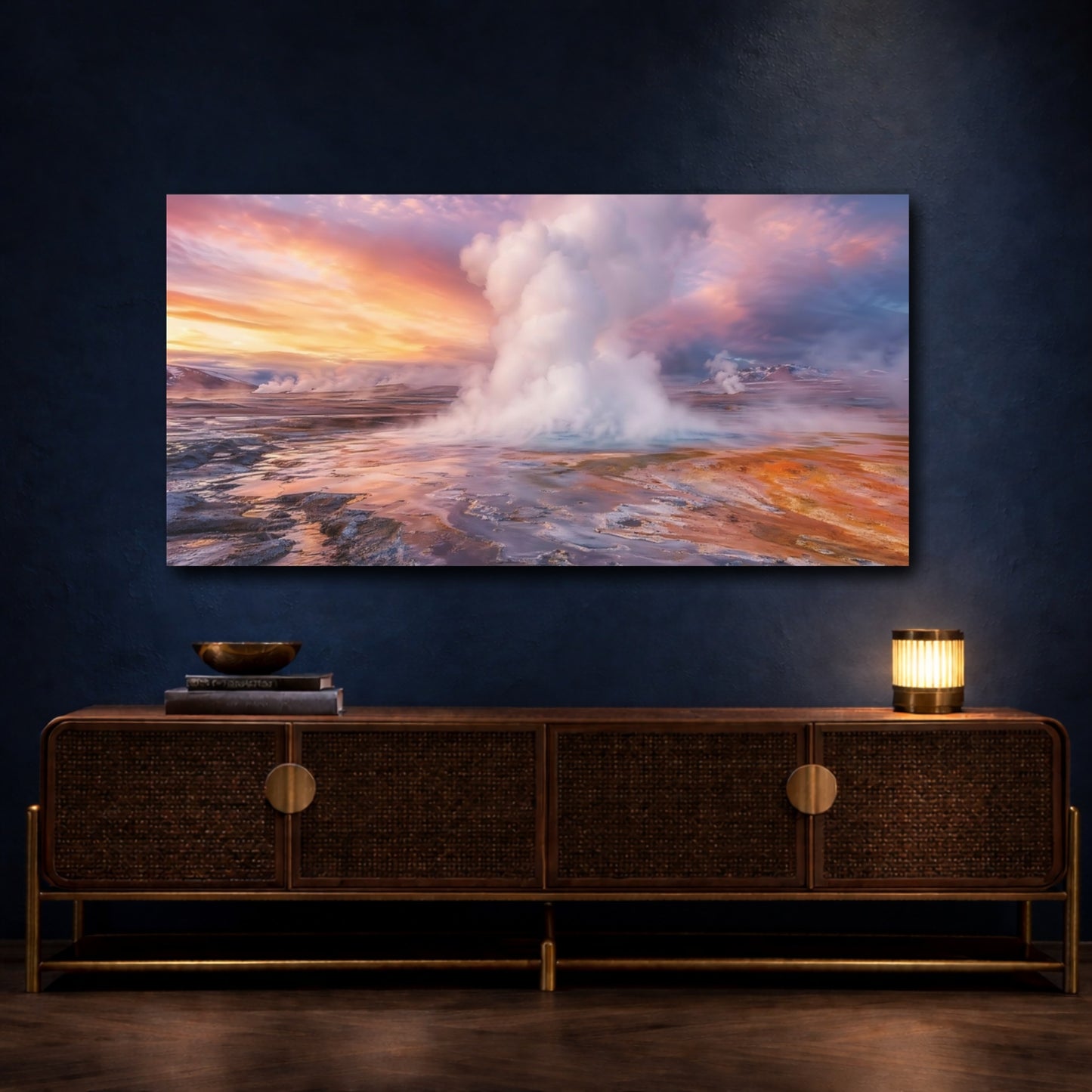 Mockup 3. Nature Geothermal Vent Orange Purple Geothermal shown as stretched canvas wall art