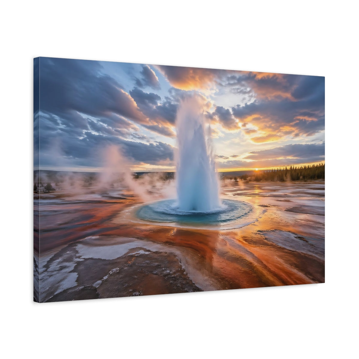 Side Mockup 2. Nature Geyser Eruption Orange Blue Geyser shown as stretched canvas wall art