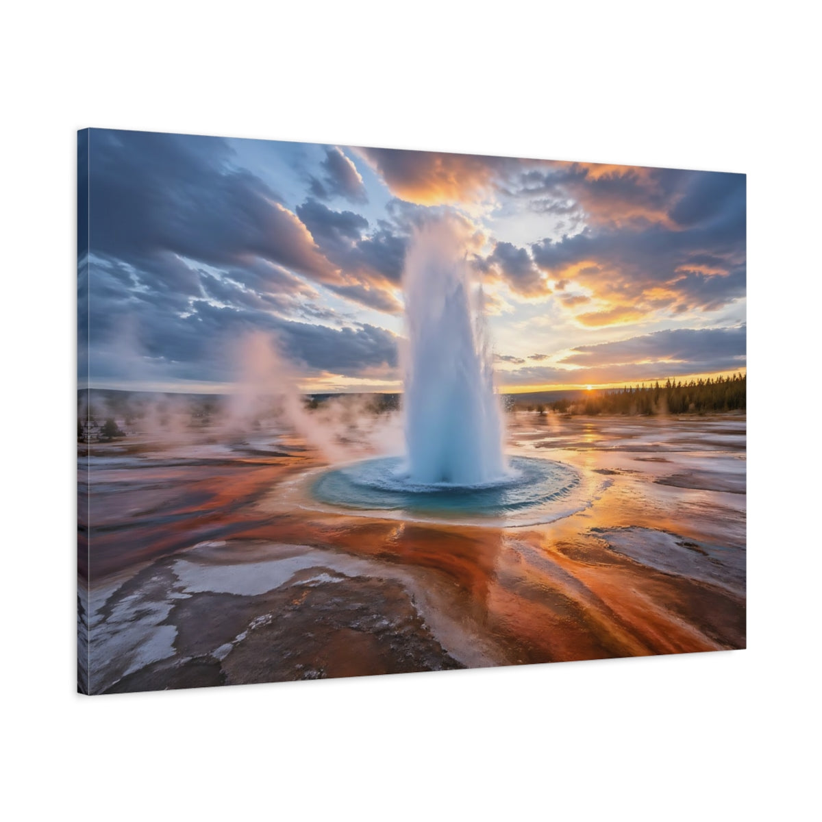 Main Mockup. Nature Geyser Eruption Orange Blue Geyser shown as stretched canvas wall art