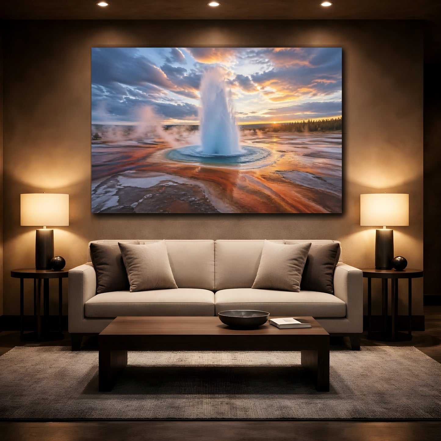 Mockup 2. Nature Geyser Eruption Orange Blue Geyser shown as stretched canvas wall art