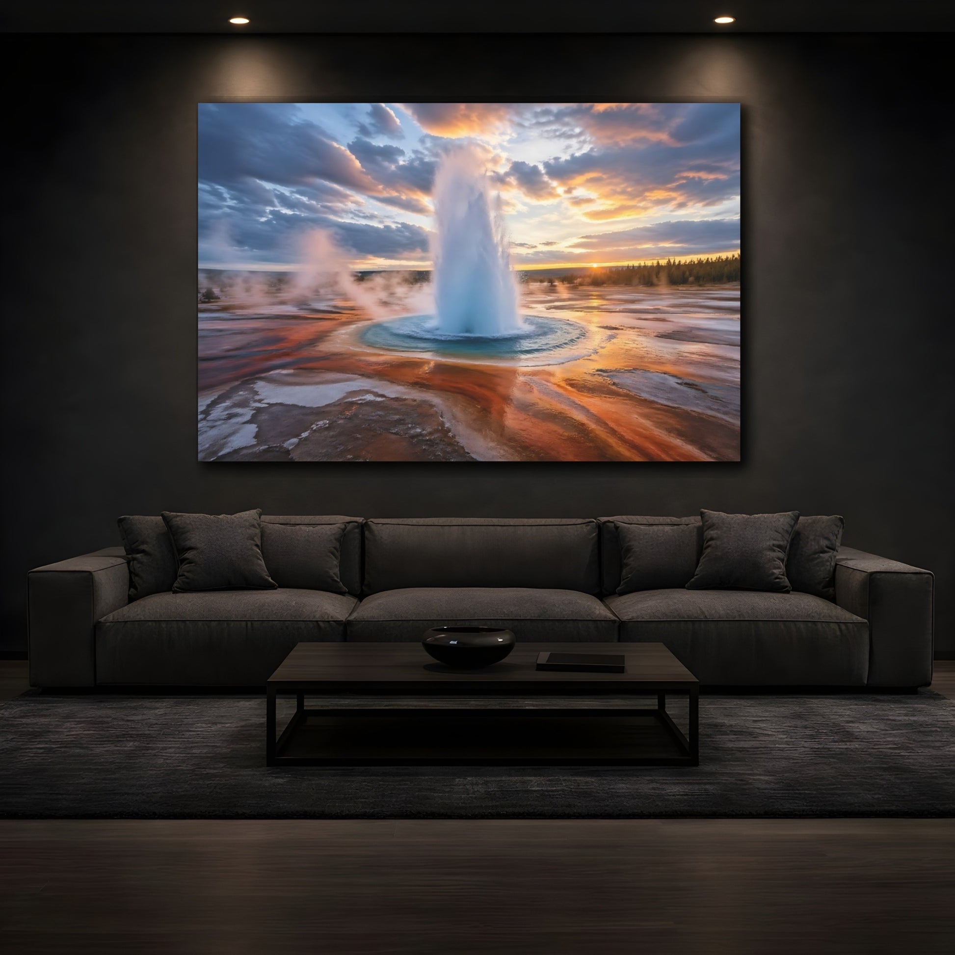 Mockup 3. Nature Geyser Eruption Orange Blue Geyser shown as stretched canvas wall art