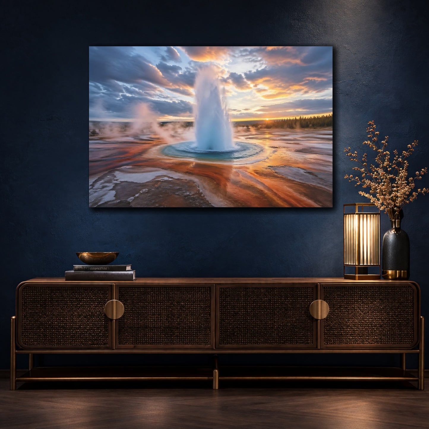 Mockup 4. Nature Geyser Eruption Orange Blue Geyser shown as stretched canvas wall art