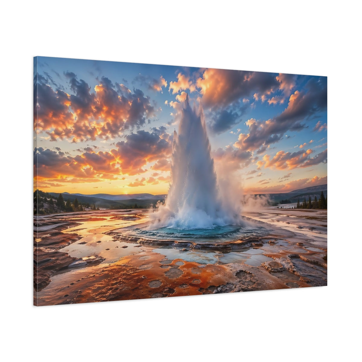 Side Mockup 1. Nature Geyser Orange Blue Geyser shown as stretched canvas wall art