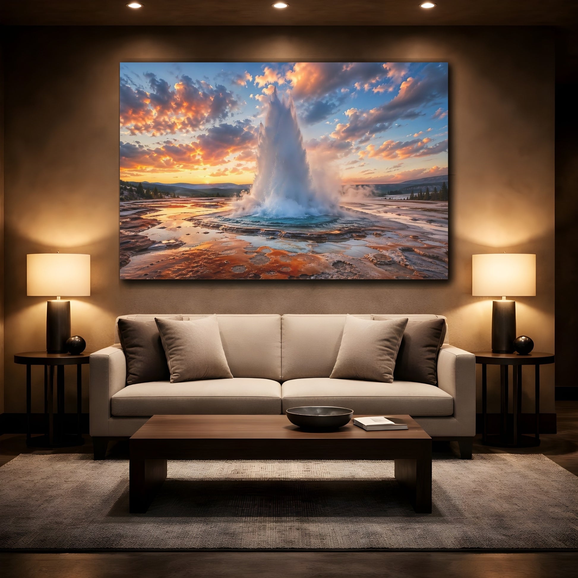 Mockup 2. Nature Geyser Orange Blue Geyser shown as stretched canvas wall art