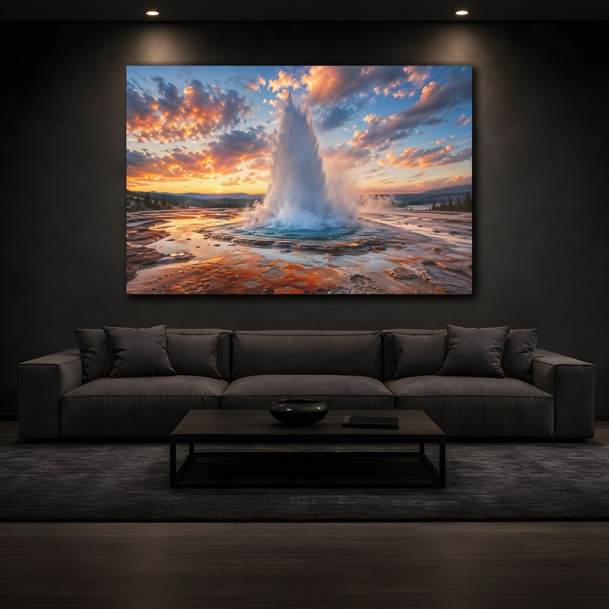 Mockup 3. Nature Geyser Orange Blue Geyser shown as stretched canvas wall art