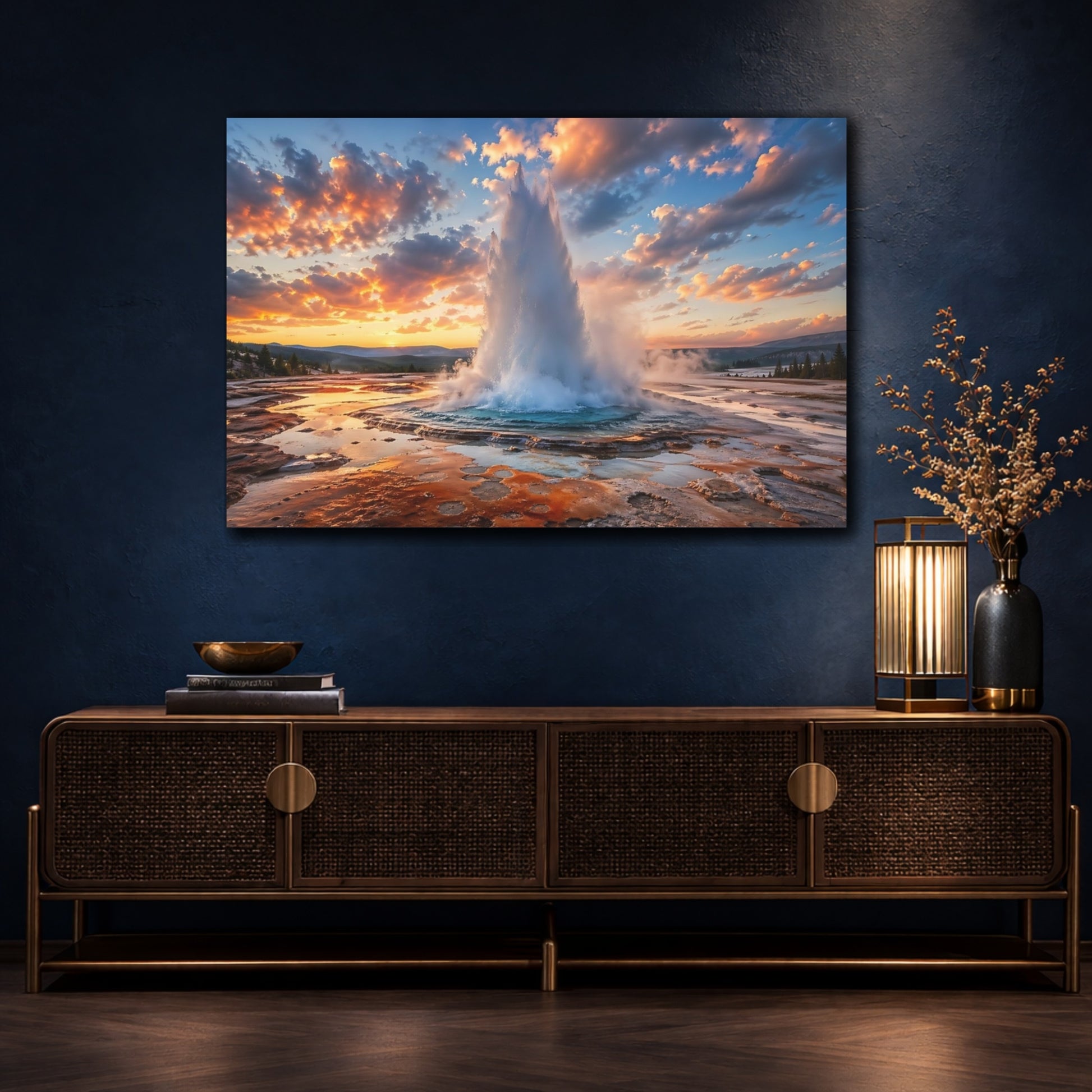 Mockup 4. Nature Geyser Orange Blue Geyser shown as stretched canvas wall art