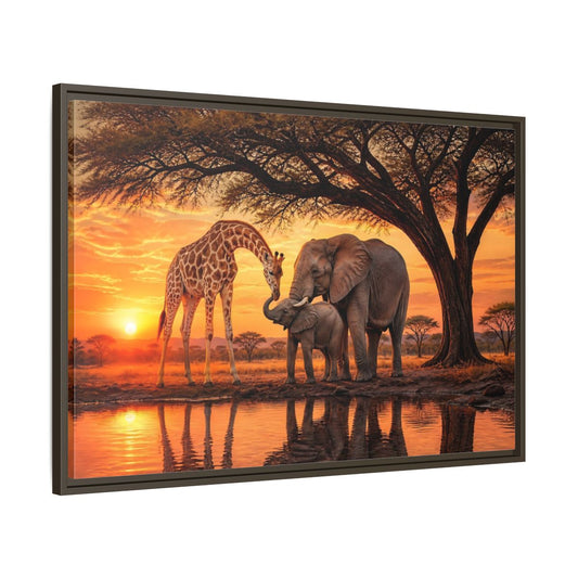 Main Mockup. Nature Giraffe Elephant Safari Wildlife Sunset shown as stretched canvas wall art
