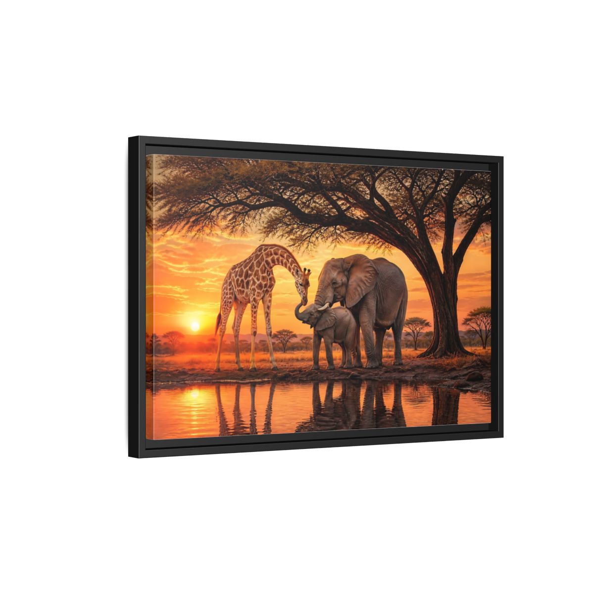 Side Mockup 3. Nature Giraffe Elephant Safari Wildlife Sunset shown as stretched canvas wall art