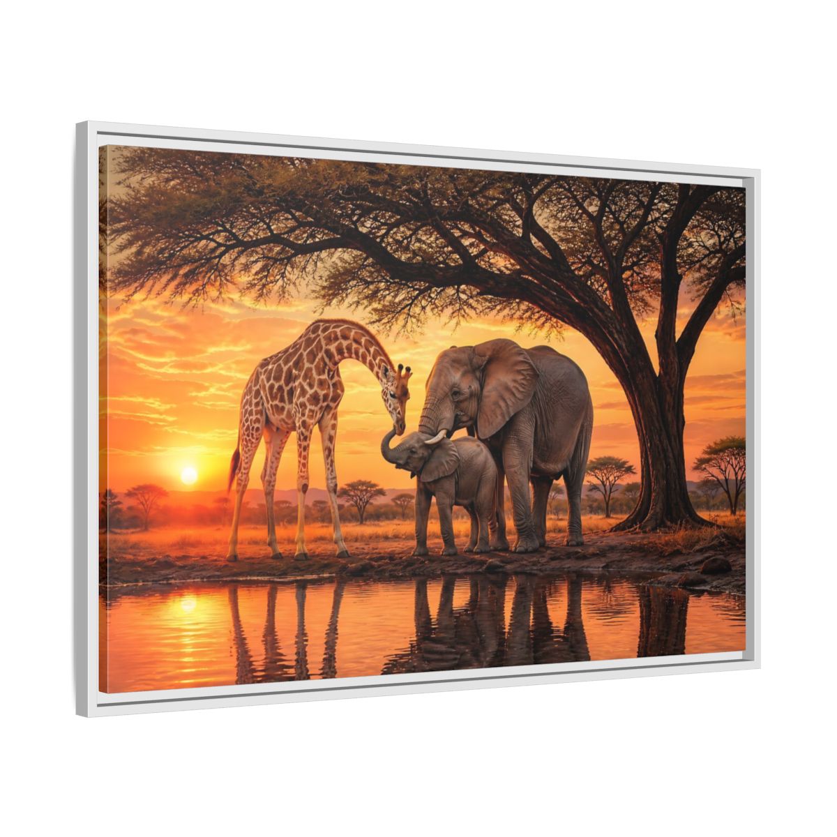 Side Mockup 9. Nature Giraffe Elephant Safari Wildlife Sunset shown as stretched canvas wall art