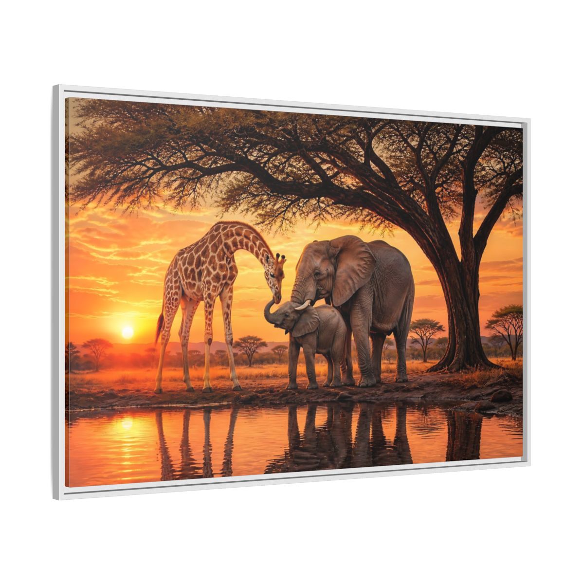 Side Mockup 7. Nature Giraffe Elephant Safari Wildlife Sunset shown as stretched canvas wall art