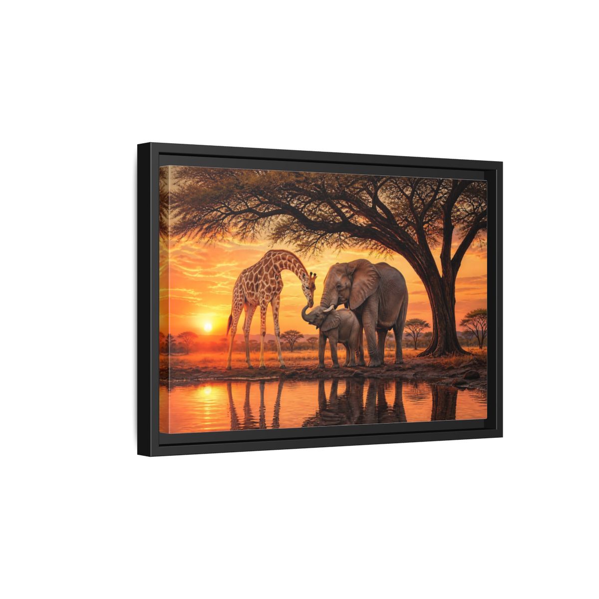 Side Mockup 6. Nature Giraffe Elephant Safari Wildlife Sunset shown as stretched canvas wall art
