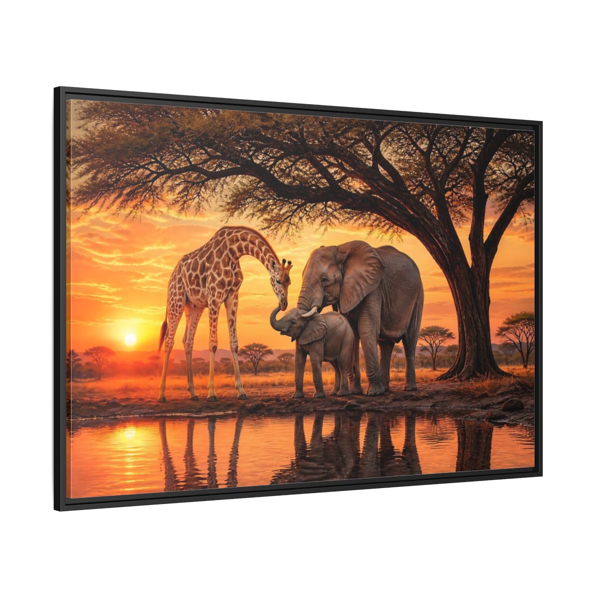 Side Mockup 12. Nature Giraffe Elephant Safari Wildlife Sunset shown as stretched canvas wall art