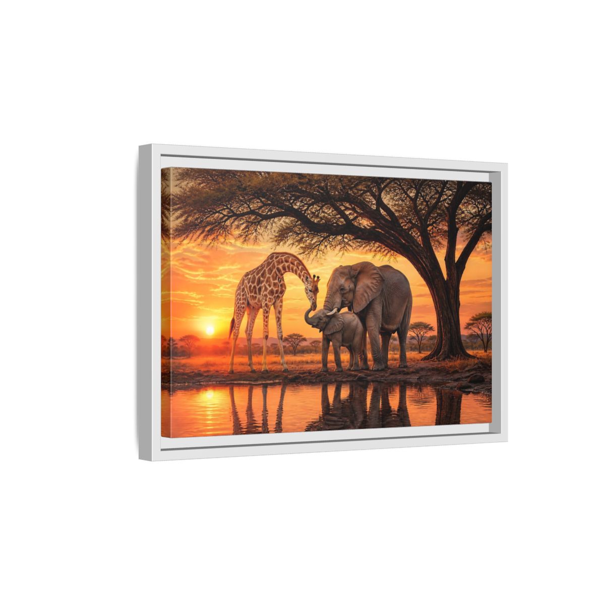 Side Mockup 4. Nature Giraffe Elephant Safari Wildlife Sunset shown as stretched canvas wall art