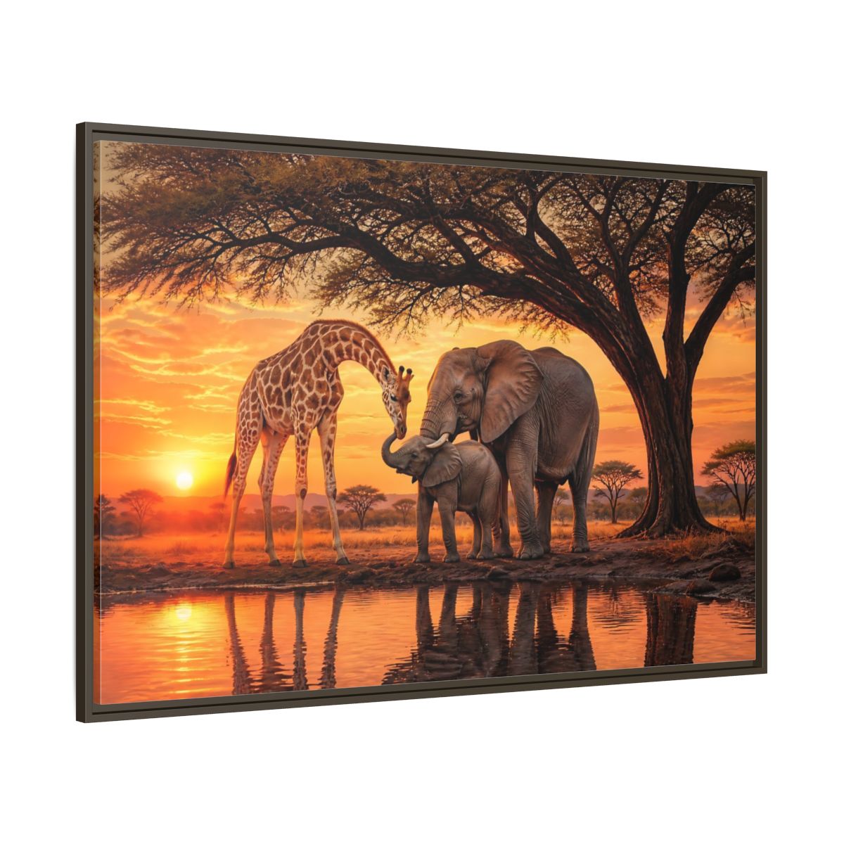 Side Mockup 8. Nature Giraffe Elephant Safari Wildlife Sunset shown as stretched canvas wall art