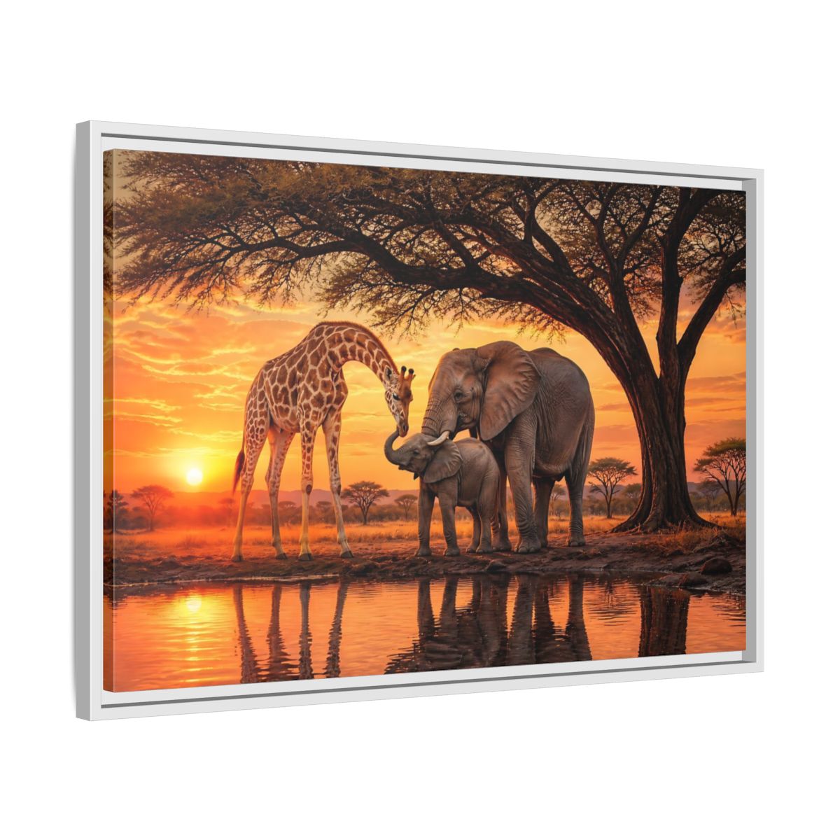 Side Mockup 10. Nature Giraffe Elephant Safari Wildlife Sunset shown as stretched canvas wall art