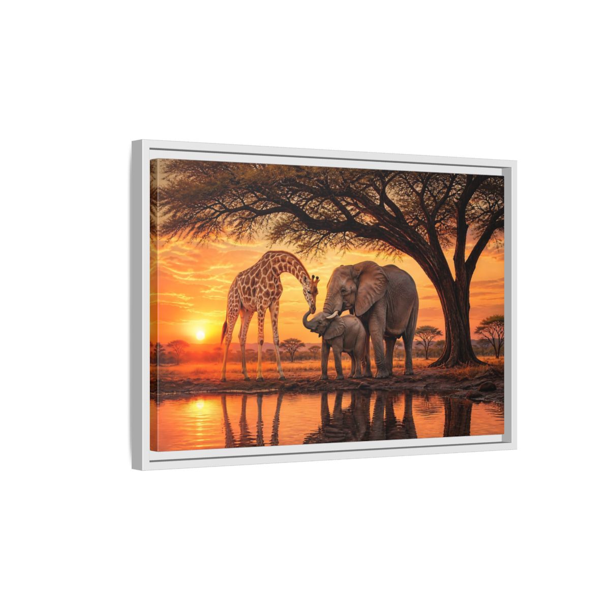 Side Mockup 1. Nature Giraffe Elephant Safari Wildlife Sunset shown as stretched canvas wall art