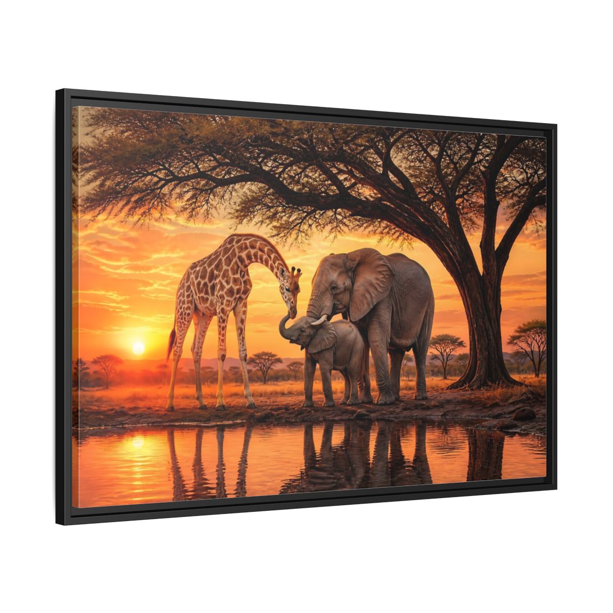 Side Mockup 13. Nature Giraffe Elephant Safari Wildlife Sunset shown as stretched canvas wall art