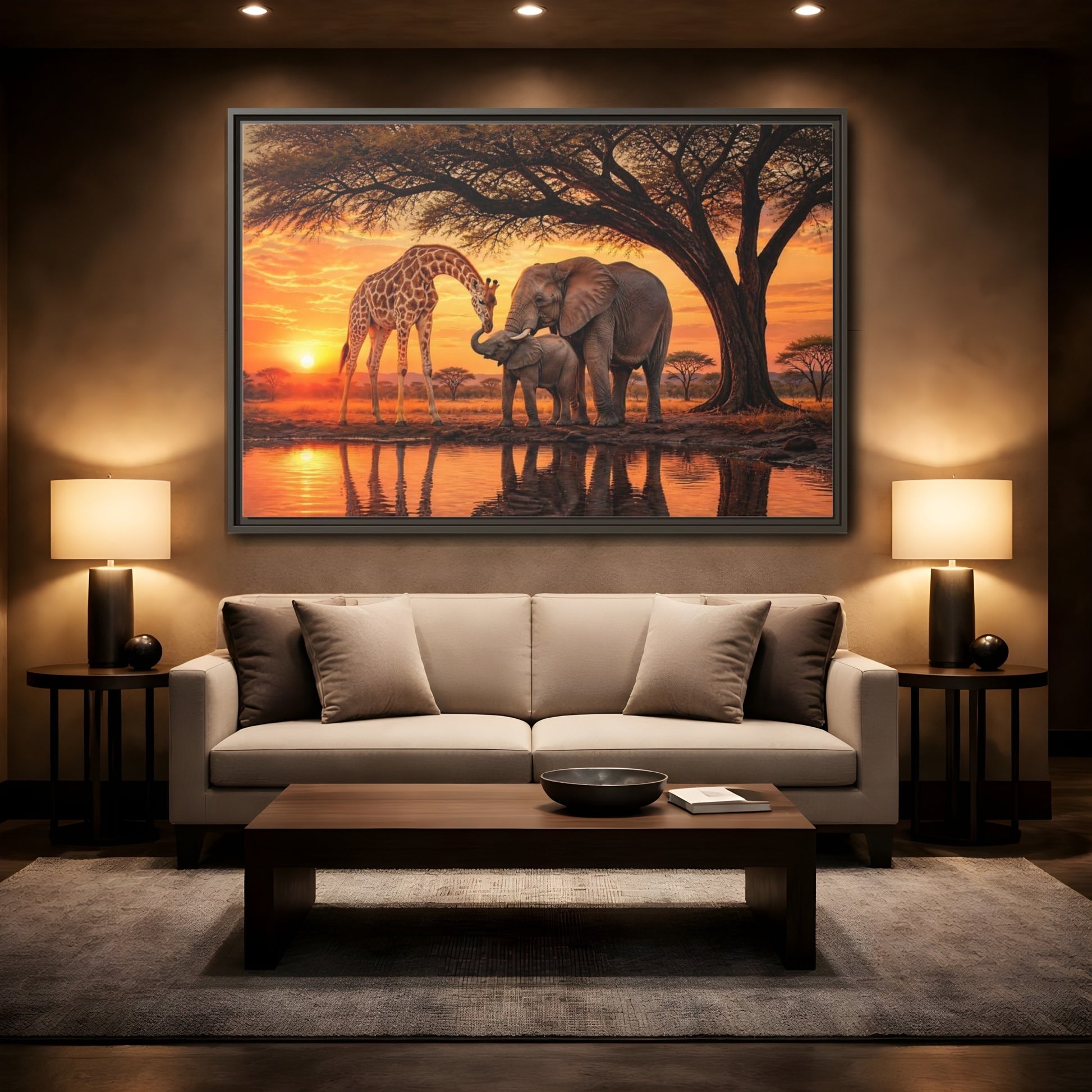 Mockup 2. Nature Giraffe Elephant Safari Wildlife Sunset shown as stretched canvas wall art