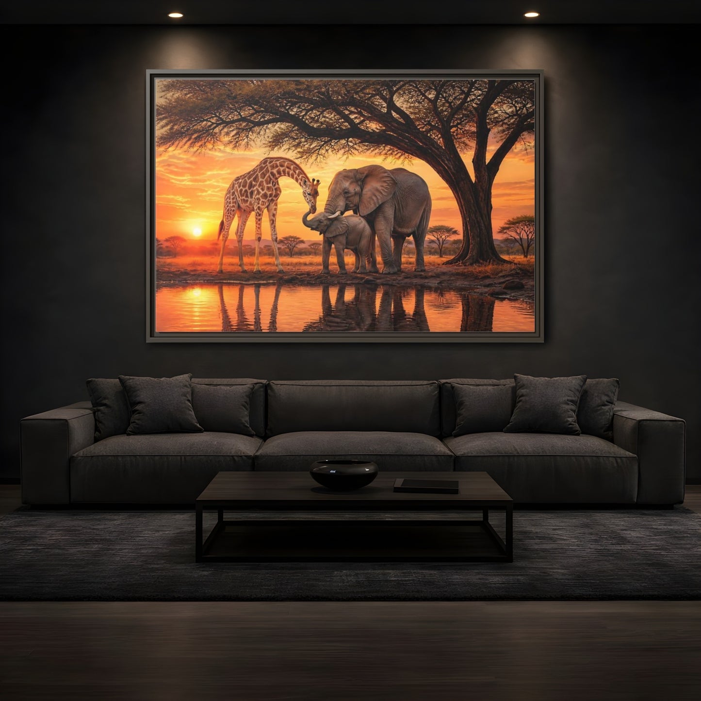 Mockup 3. Nature Giraffe Elephant Safari Wildlife Sunset shown as stretched canvas wall art