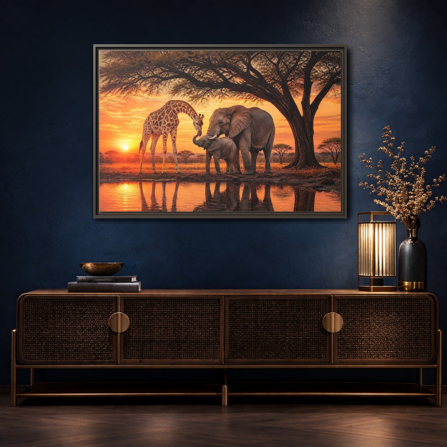 Mockup 4. Nature Giraffe Elephant Safari Wildlife Sunset shown as stretched canvas wall art