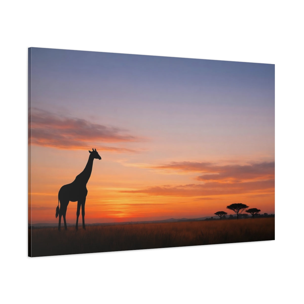 Side Mockup 1. Nature Giraffe Orange And Blue shown as stretched canvas wall art
