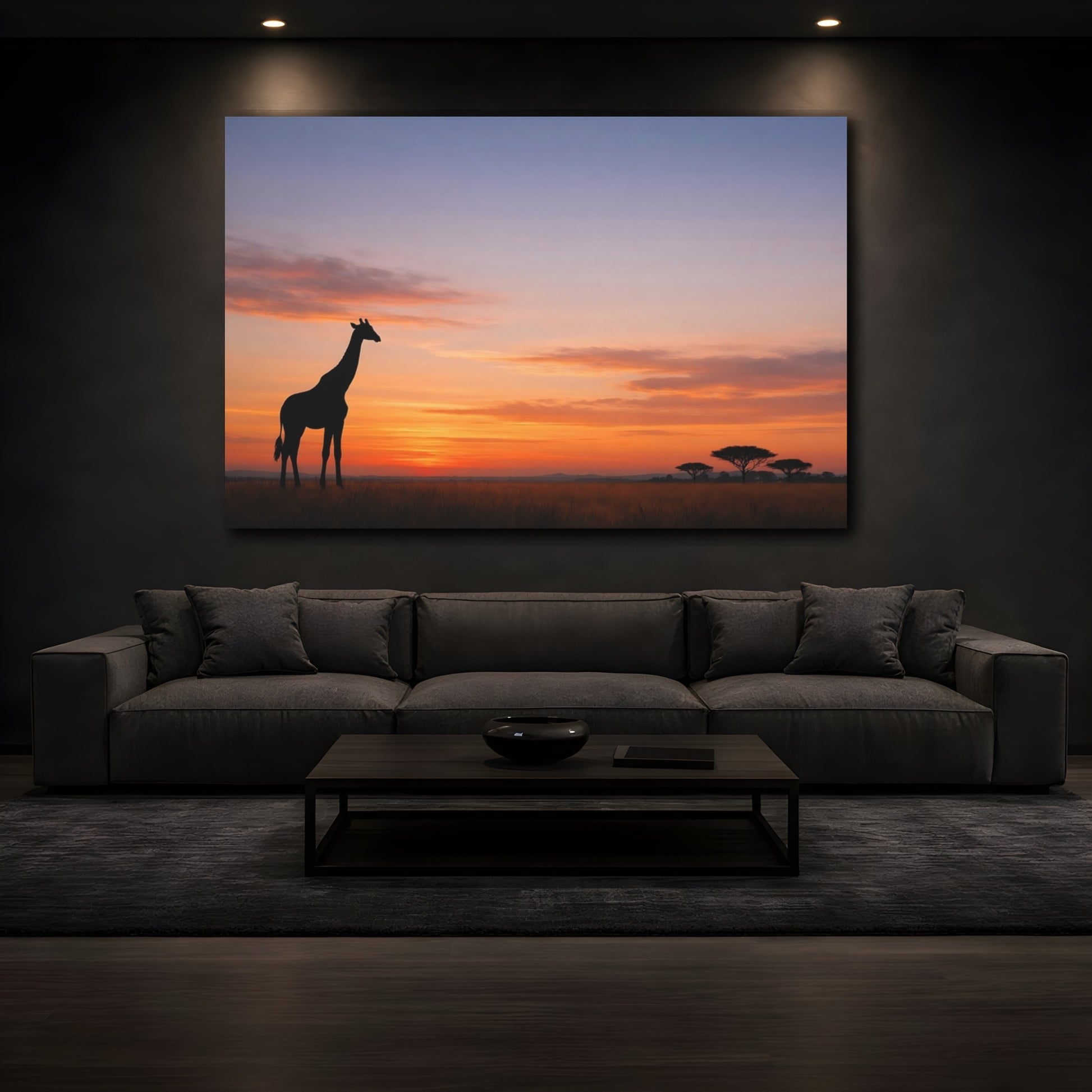 Mockup 2. Nature Giraffe Orange And Blue shown as stretched canvas wall art