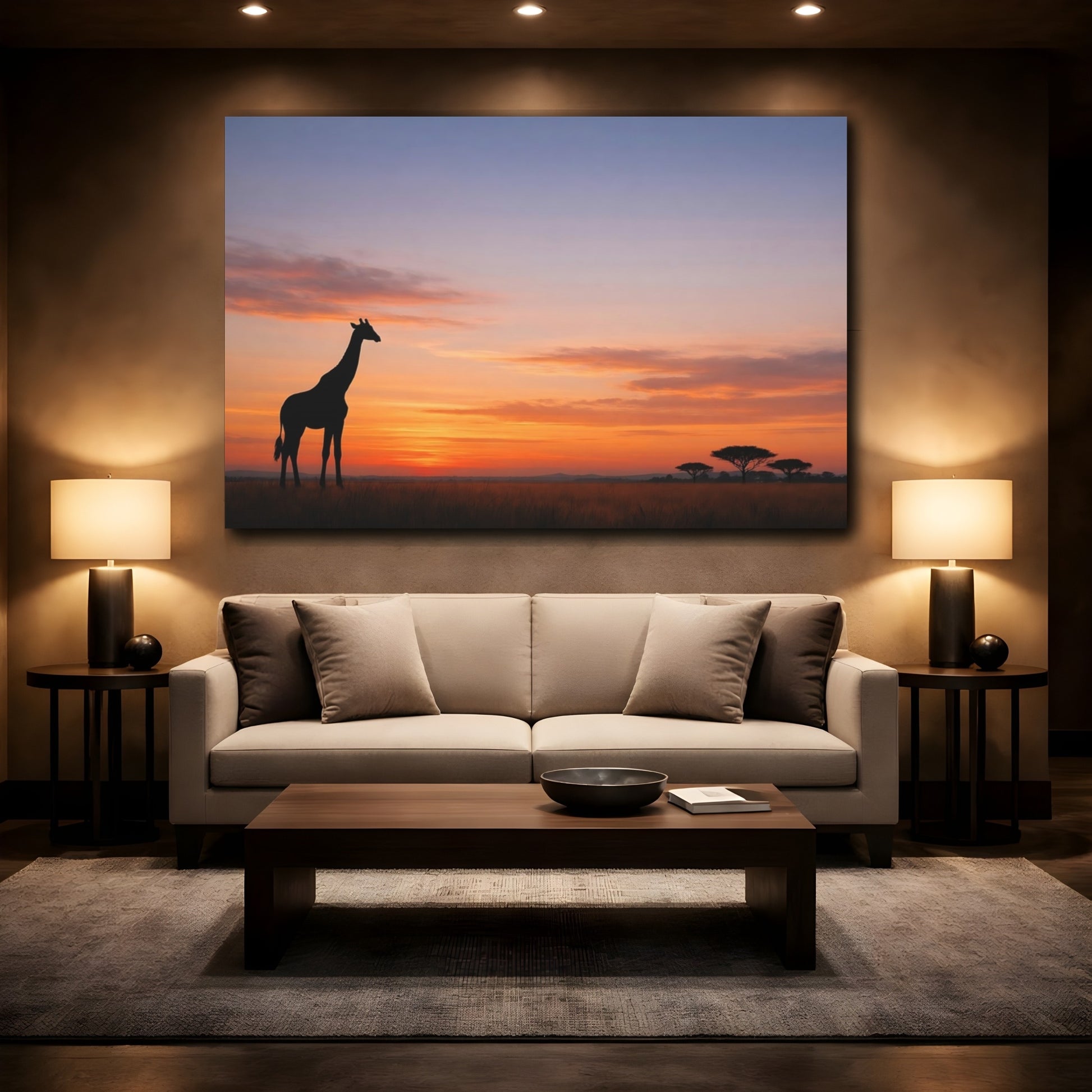 Mockup 3. Nature Giraffe Orange And Blue shown as stretched canvas wall art