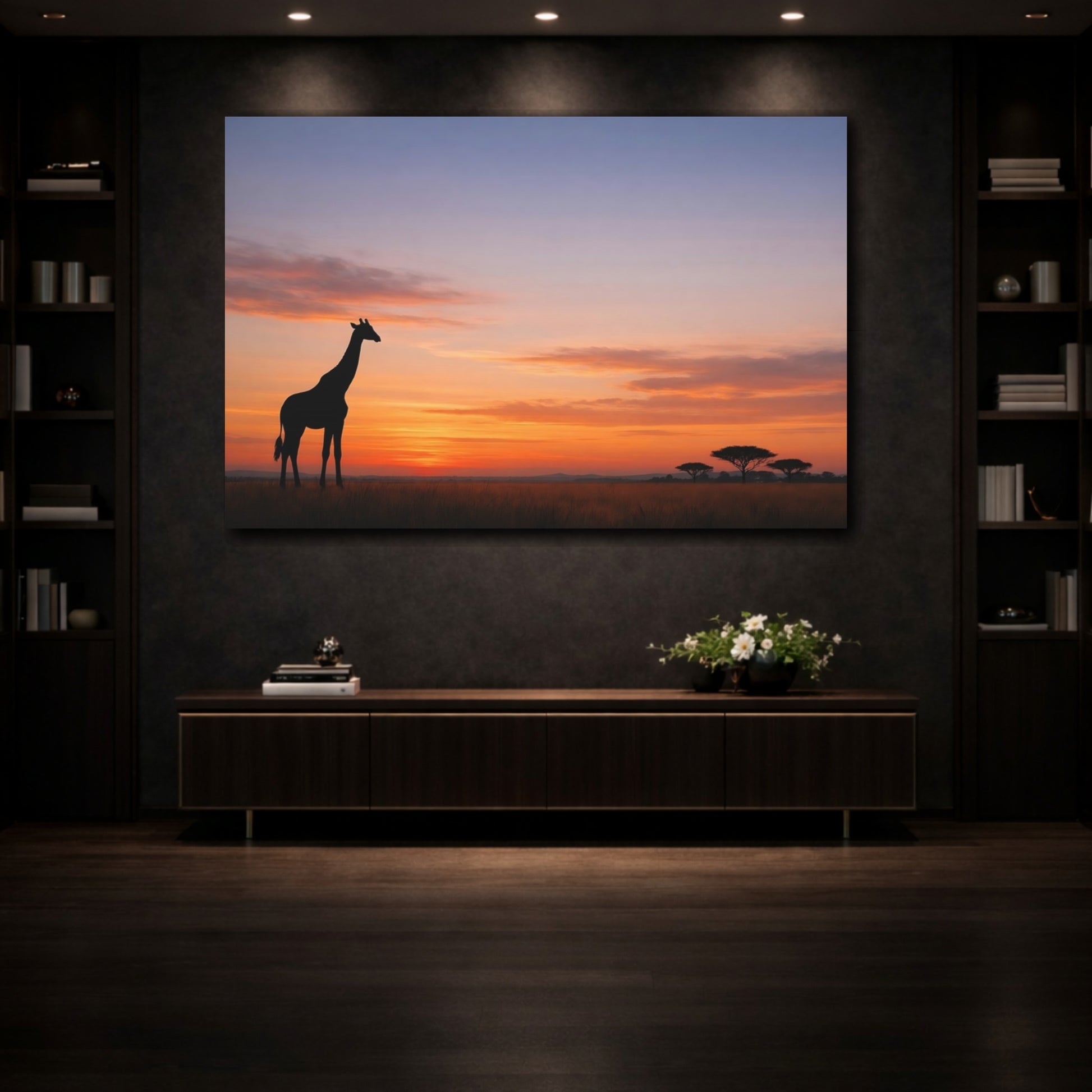 Mockup 4. Nature Giraffe Orange And Blue shown as stretched canvas wall art