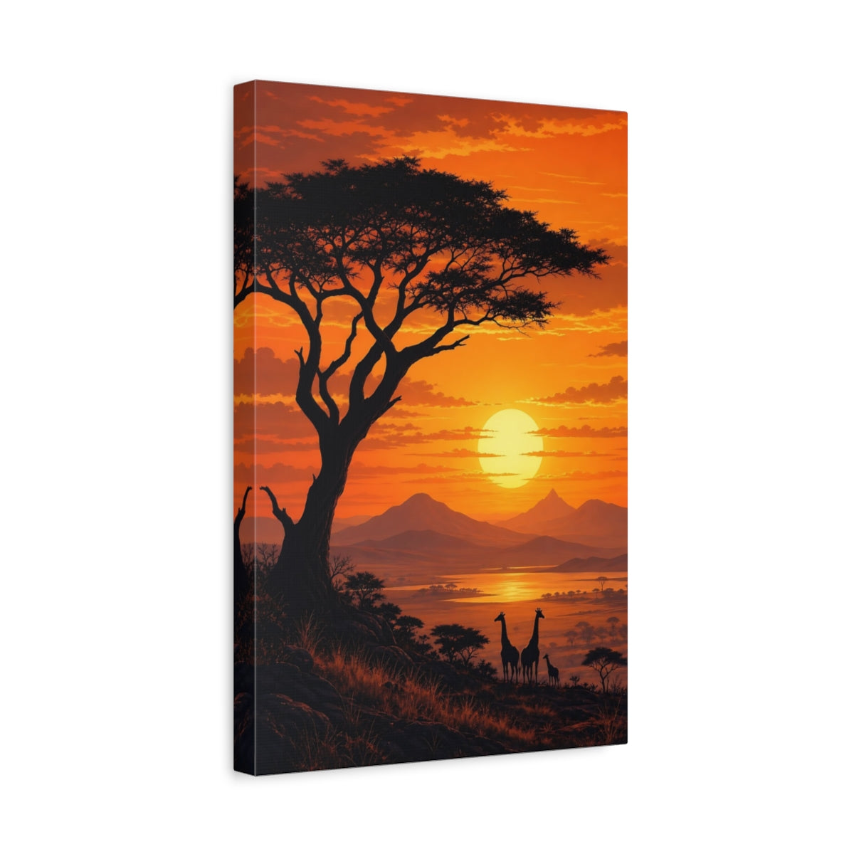 Side Mockup 4. Nature Giraffes Orange Sunset shown as stretched canvas wall art