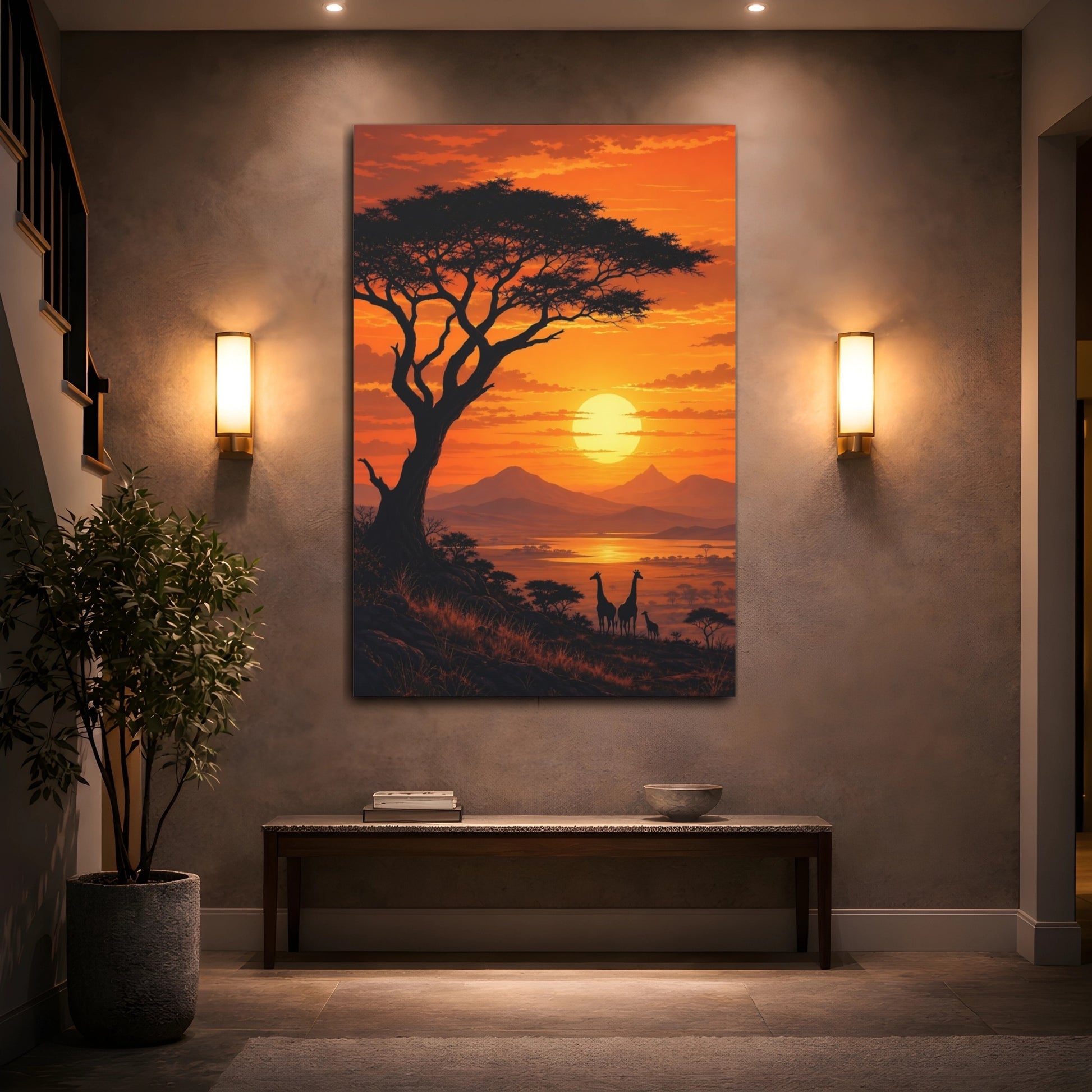 Mockup 2. Nature Giraffes Orange Sunset shown as stretched canvas wall art