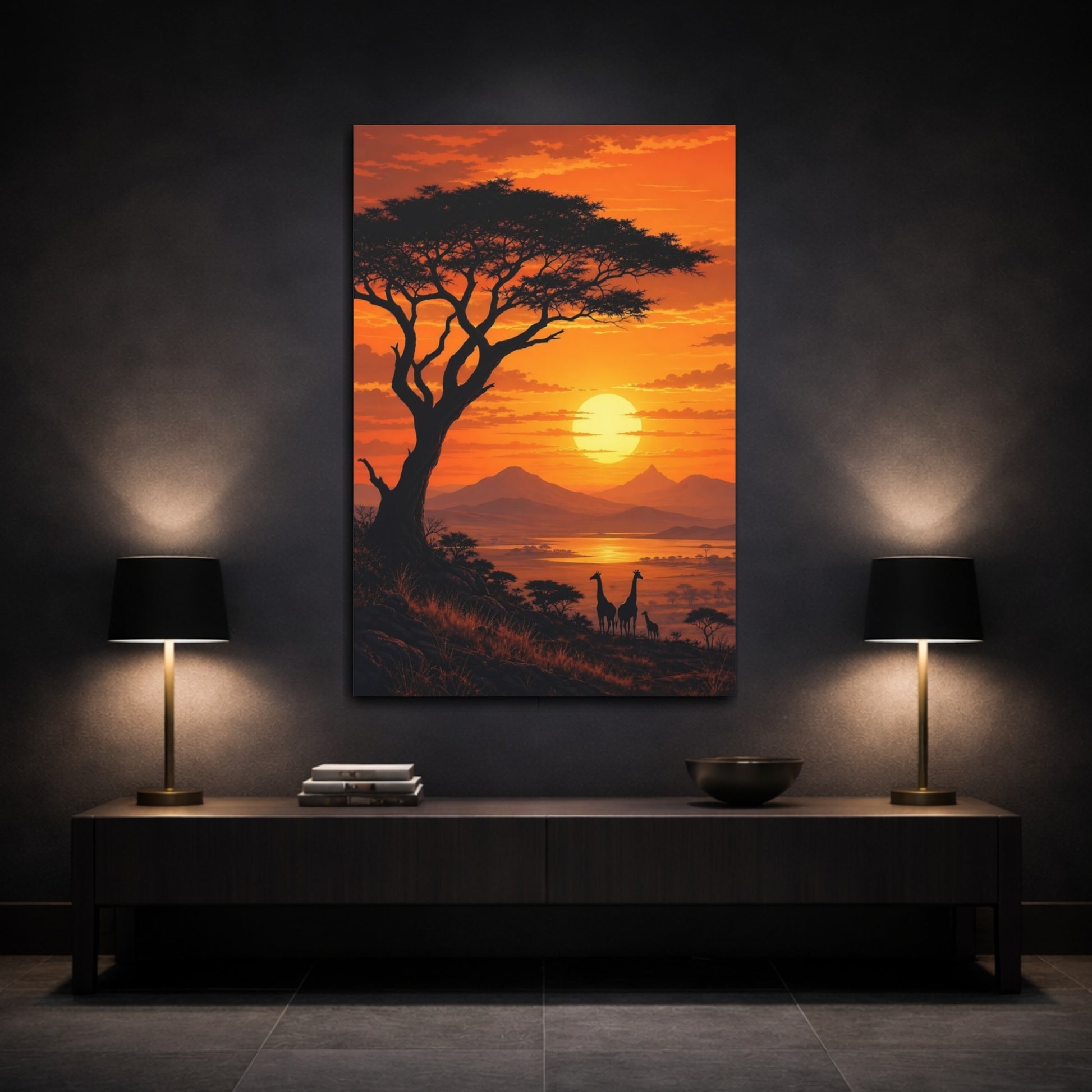 Mockup 3. Nature Giraffes Orange Sunset shown as stretched canvas wall art