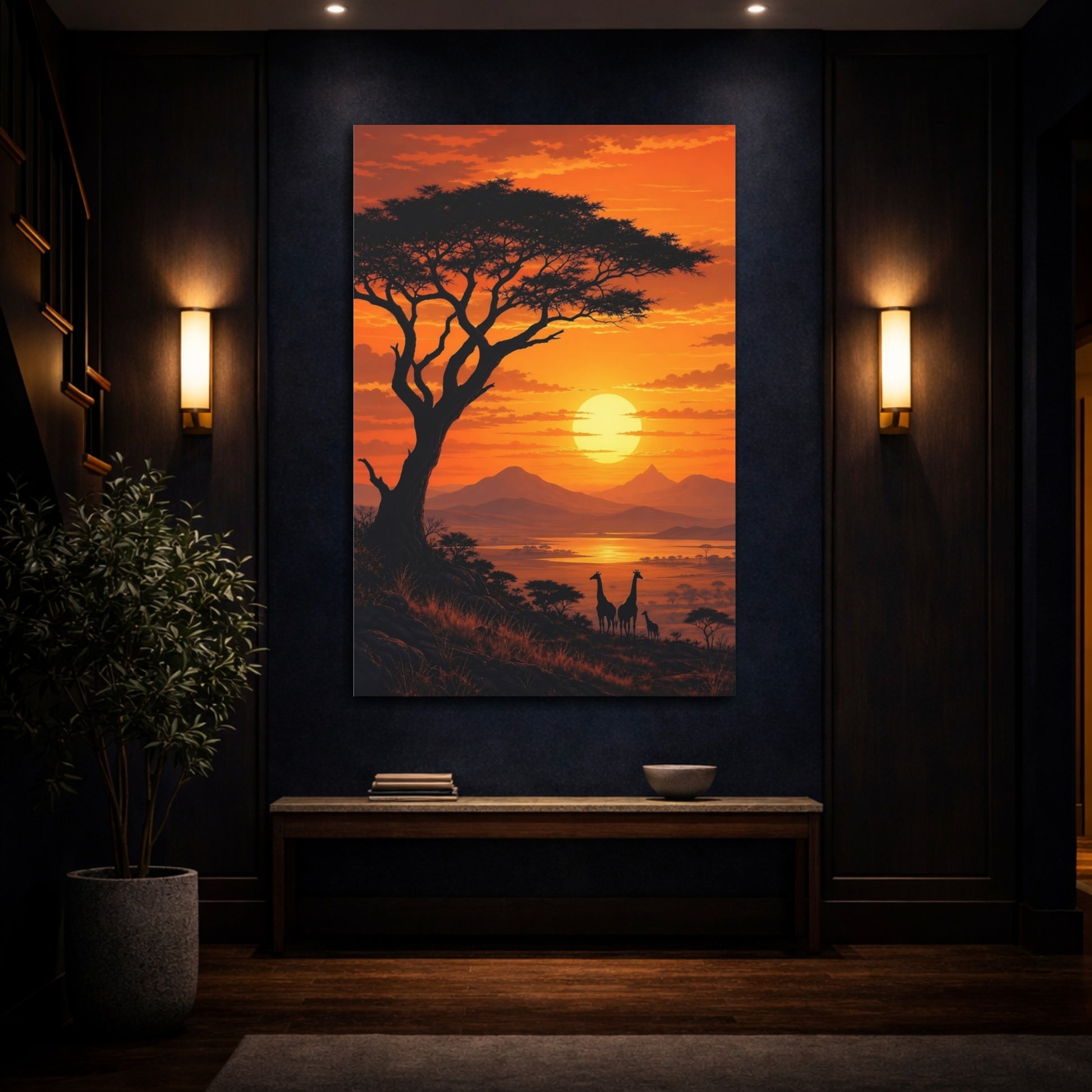 Mockup 4. Nature Giraffes Orange Sunset shown as stretched canvas wall art