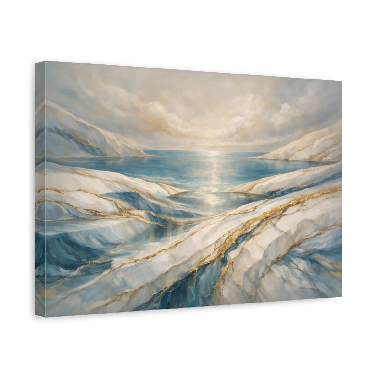 Side Mockup 4. Nature Glacial Landscape Blue And Gold Landscape shown as stretched canvas wall art