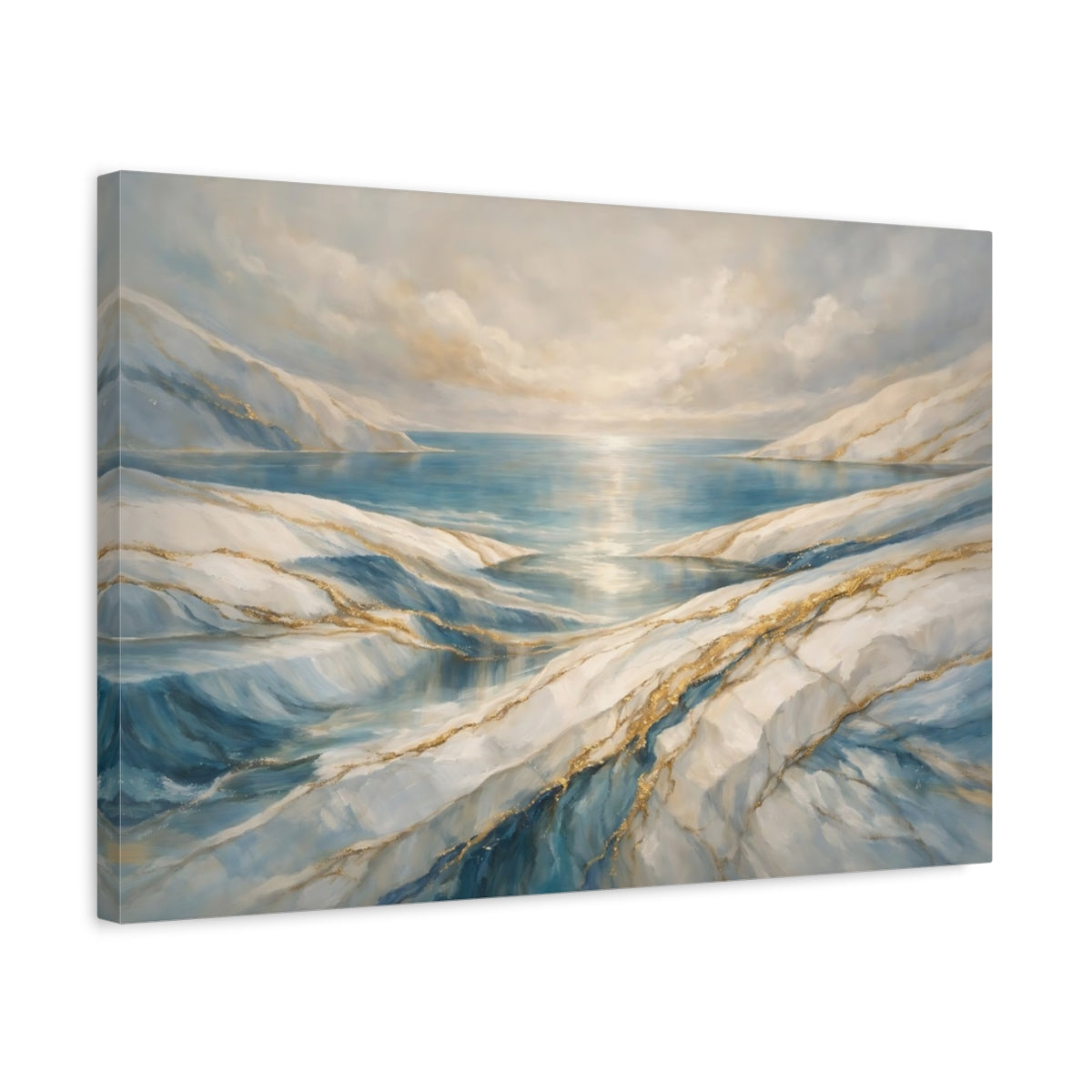 Side Mockup 3. Nature Glacial Landscape Blue And Gold Landscape shown as stretched canvas wall art