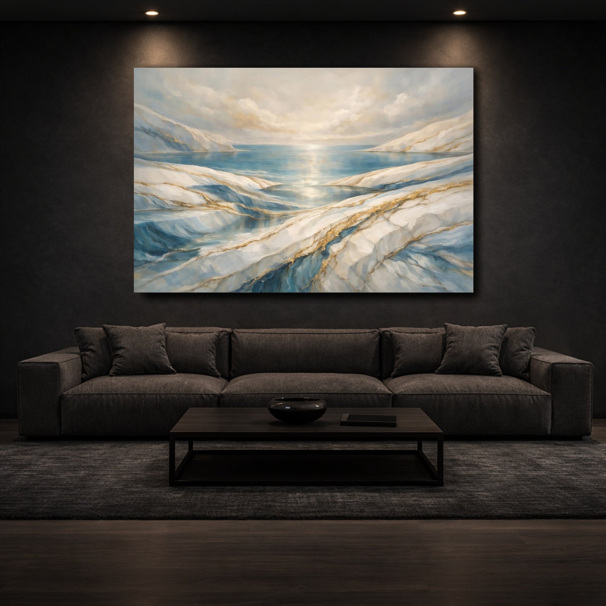 Mockup 2. Nature Glacial Landscape Blue And Gold Landscape shown as stretched canvas wall art