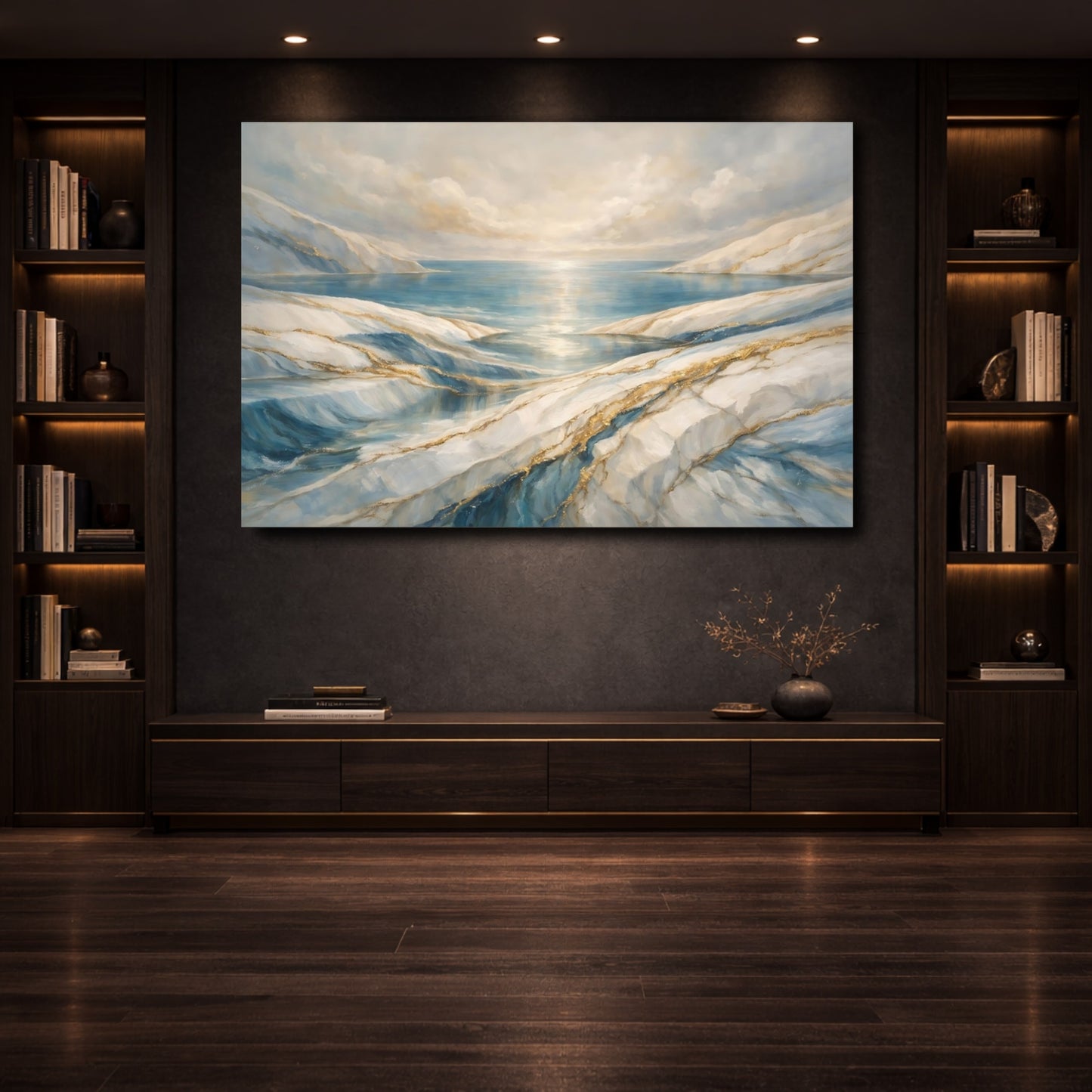 Mockup 3. Nature Glacial Landscape Blue And Gold Landscape shown as stretched canvas wall art