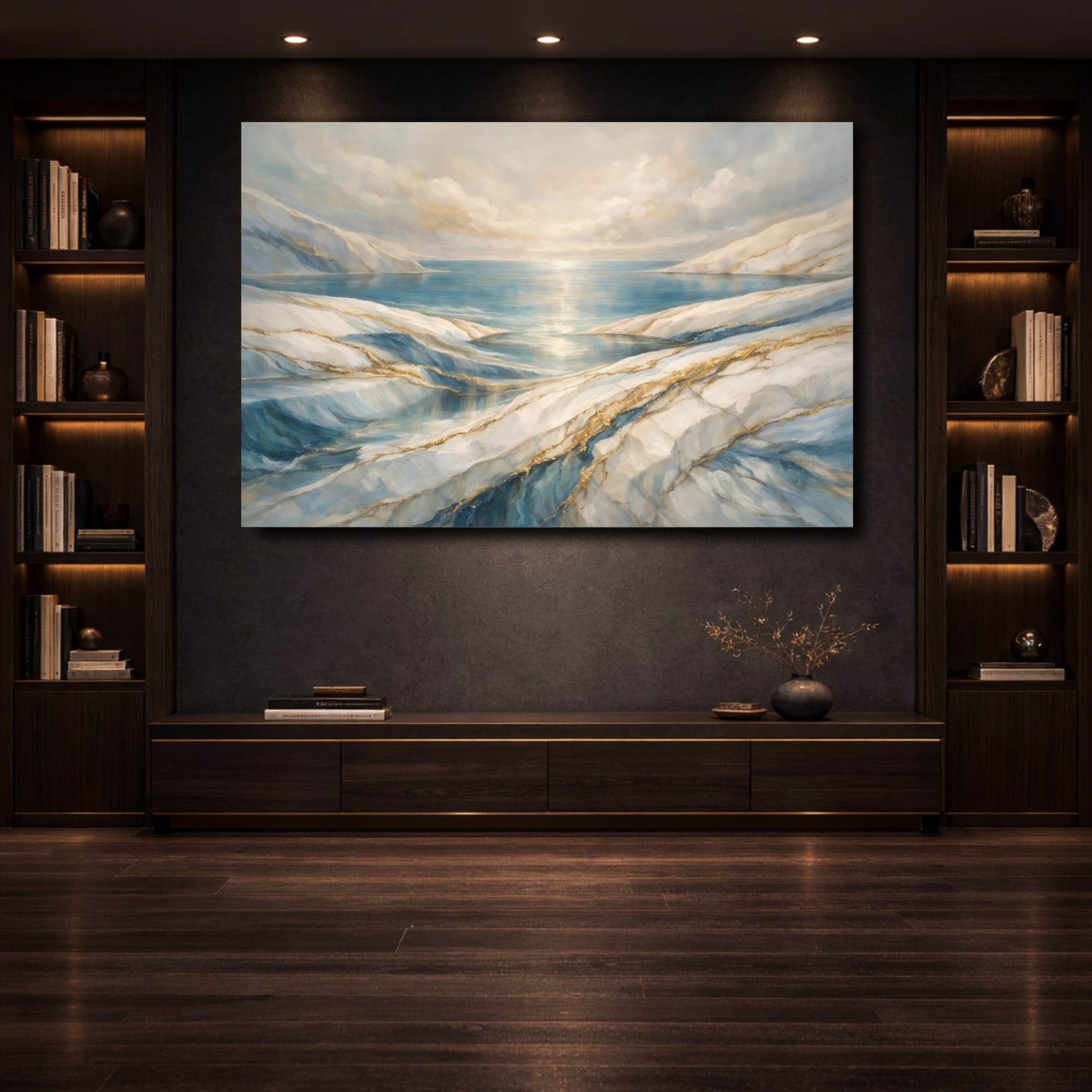 Mockup 3. Nature Glacial Landscape Blue And Gold Landscape shown as stretched canvas wall art