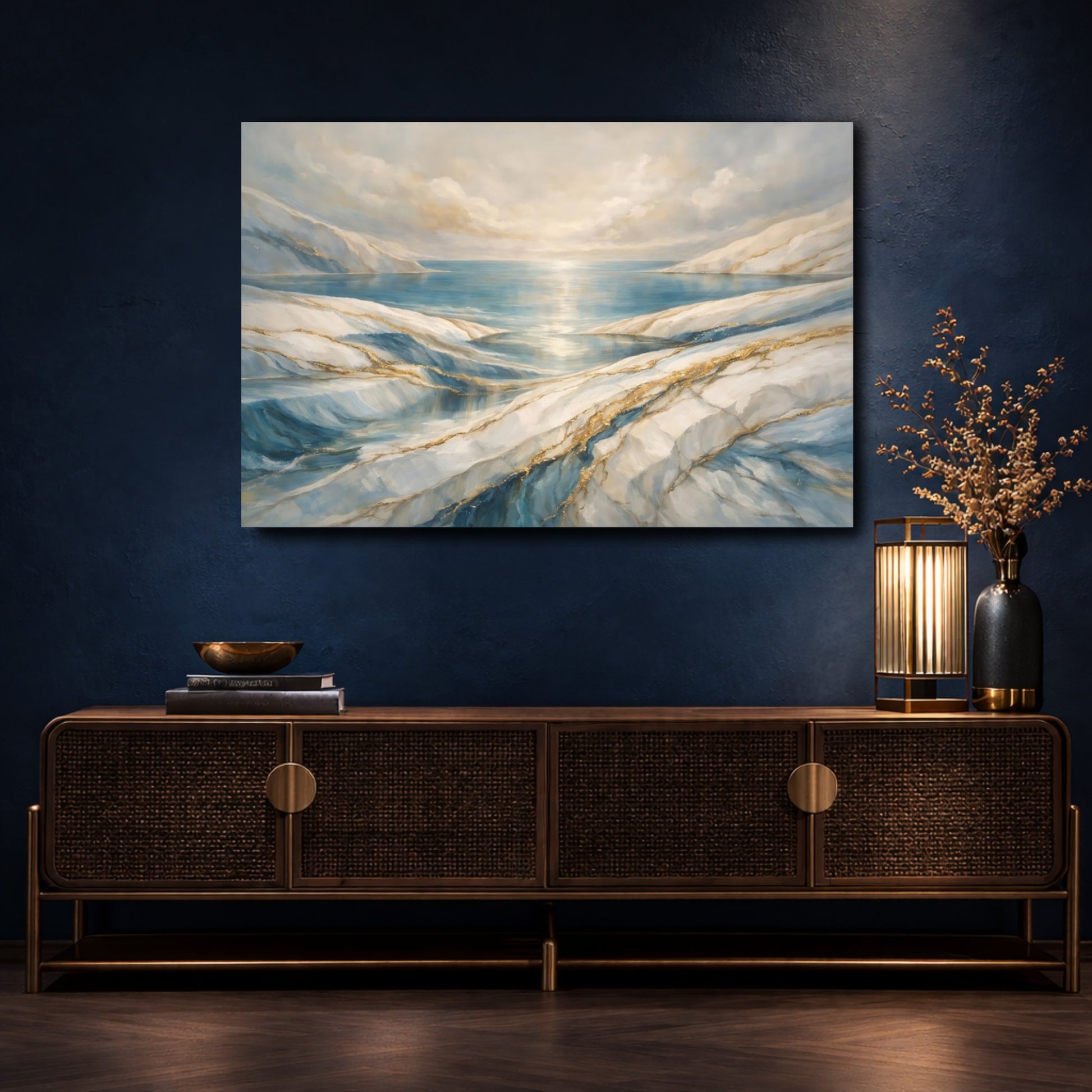 Mockup 4. Nature Glacial Landscape Blue And Gold Landscape shown as stretched canvas wall art